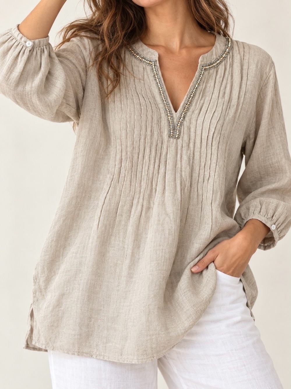 Charter Club Beaded V-Neck Pintuck Tunic - Beige